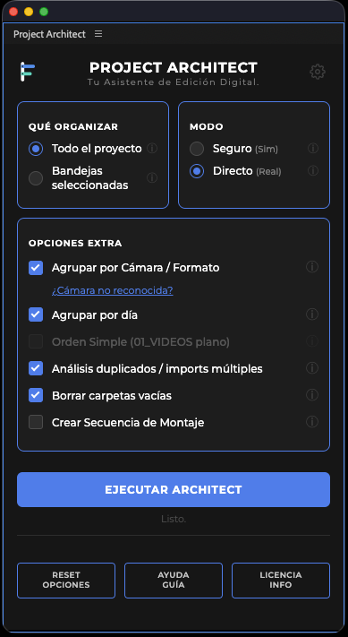 Project Architect interface in Spanish