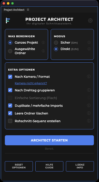 Project Architect interface in German