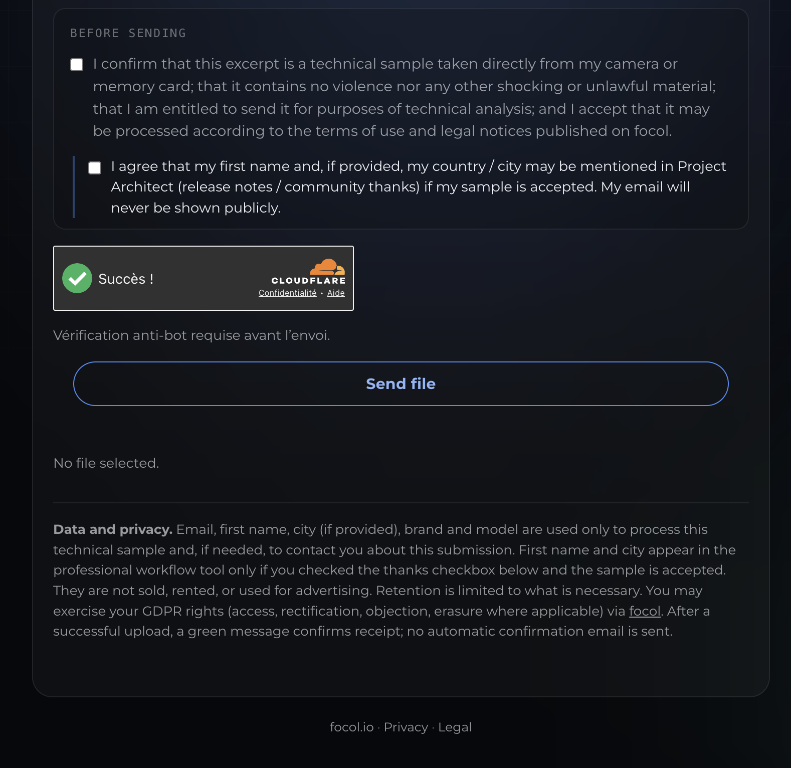 Before send: you confirm it is a technical sample, optional public thanks, anti-bot check, then Send file.