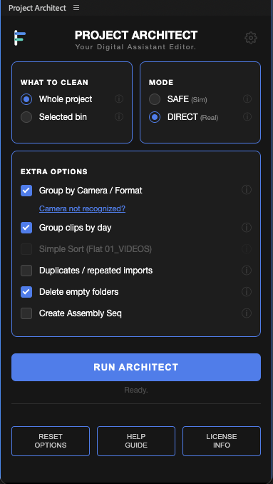 Project Architect panel: SAFE or DIRECT, group by camera and day, then run (Premiere Pro or DaVinci Resolve)
