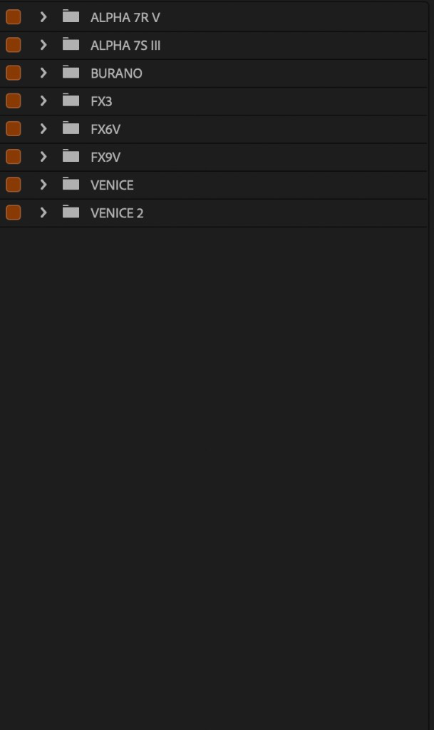 Sony models, each with its rushes in its folder: ALPHA 7R V, ALPHA 7S III, BURANO, FX3, FX6V, FX9V, VENICE, VENICE 2.