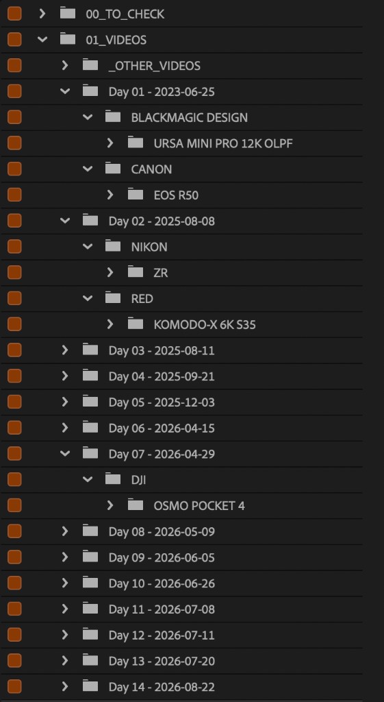 Day 01: Blackmagic URSA and Canon R50. Day 02: Nikon ZR and RED Komodo-X. Brand then model, under each date.