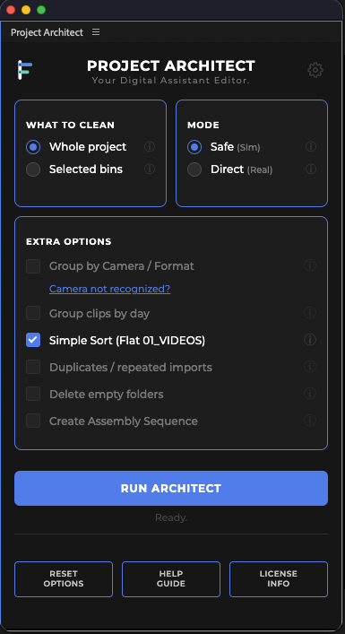 LICENSE / INFO in the panel: trial status, or paste a key.