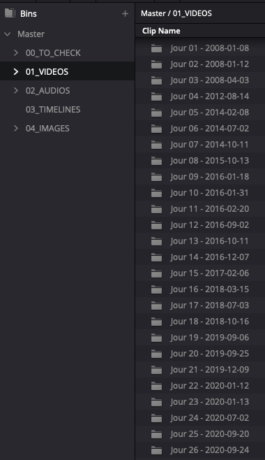 DaVinci Resolve Media Pool: 01_VIDEOS grouped by shoot day (Jour 01, Jour 02…).